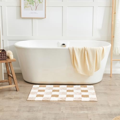 CozeCube Beige Checkered Bath Mat 32"x20" Non Slip Washable Rug