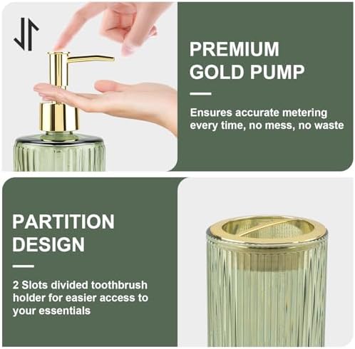 Green Glass Bathroom Accessories Set, Soap Dispenser and Toothbrush Holder