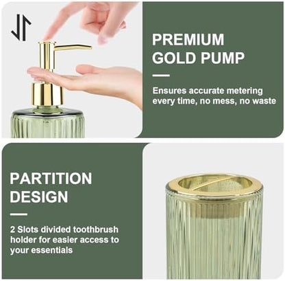 Green Glass Bathroom Accessories Set, Soap Dispenser and Toothbrush Holder