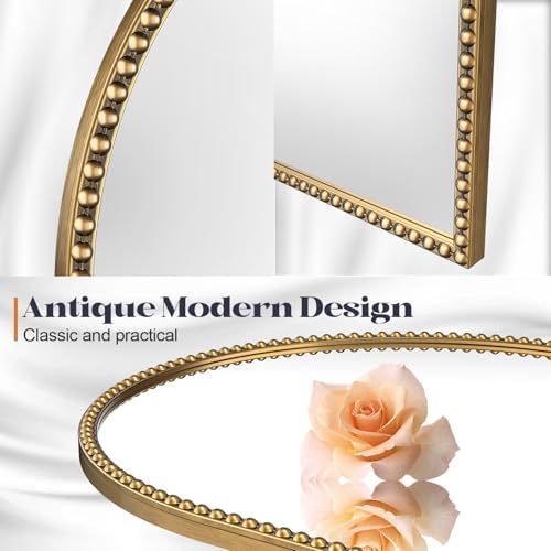 Beaded Arched Mirror for Wall, 30"x40" Gold Arch Brass Bathroom Mirrors, Champagne Bronze Vintage Tempered Glass Mirror with Metal Frame for Mantle,Bedroom,Dressing Room,Entryway,Fireplace