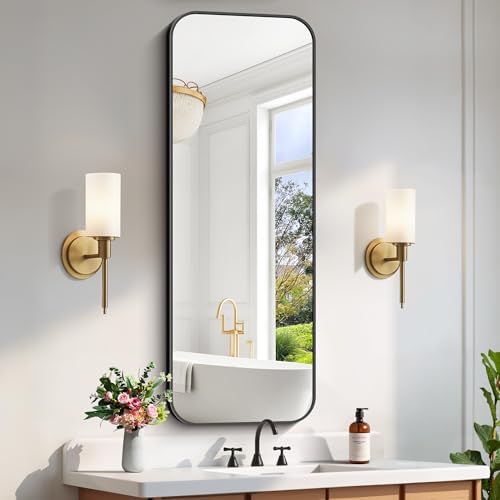 FORBATH Bathroom Mirror 20" x 55", Rectangle Black Bathroom Mirror with Black Aluminum Frame Rounded Corner, Wall Mounted Mirror for Bedroom Entryway Living Room
