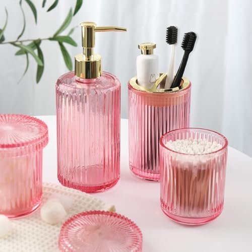 RYTOXILO Pink Bathroom Accessories Set, Pink Bathroom Decor Accessory Sets Complete, 4 Pack Ribbed Grils Soap Dispenser and Toothbrush Holder Set with 2 Qtip Holders, Girly Bath Counter Essentials