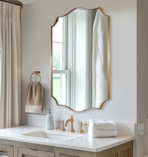 ANDY STAR Brushed Gold Vanity Mirror, 22x30 Inch Scalloped Bathroom Mirror