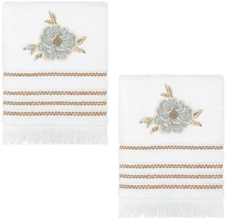 Nicole Miller – Hand Towels, Ringspun Cotton Terry with Floral Embroidered Detail, Striped Accents and Brush Fringe, Set of 2 (Camille)