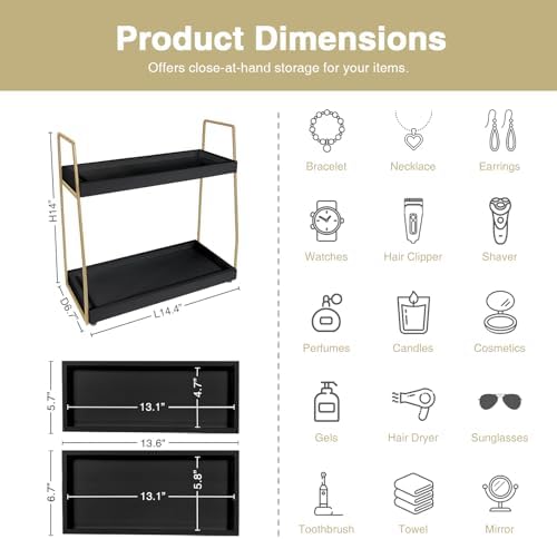 Forbena Black and Gold Bathroom Organizer Countertop, 2 Tier Counter Organizer for Bathroom Decor, Modern Sink Shelf Organizers for Vanity Storage, Make upTray for Makeup Bedroom