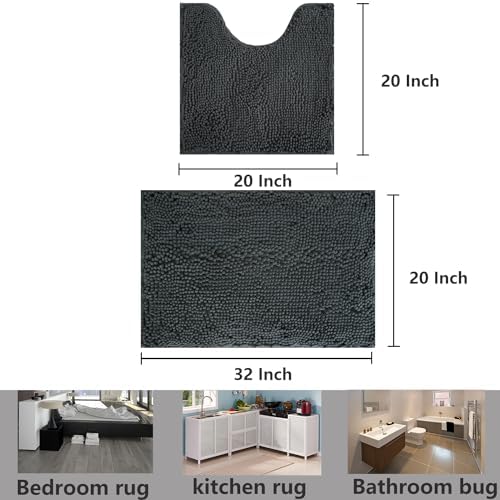 Bathroom Rug Sets 2 Piece, Extra Thick and Absorbent, Non-Slip, Machine Washable, Dry Quckily, Soft Cozy Plush, Used Under Shower Bathtub and Sink, Dark Grey