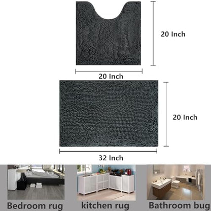 Bathroom Rug Sets 2 Piece, Extra Thick and Absorbent, Non-Slip, Machine Washable, Dry Quckily, Soft Cozy Plush, Used Under Shower Bathtub and Sink, Dark Grey