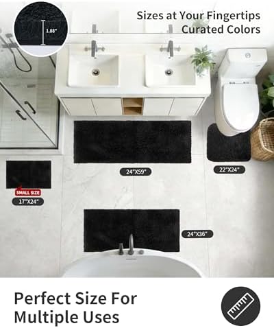 ILANGO Black Bathroom Rugs 36" × 24" Non Slip & Super Absorbent Extra Thick Soft, Washable Bath Mat for Floor, Microfiber Plush Shaggy Bath Rug with Rubber for Bathtub Shower Room Sink