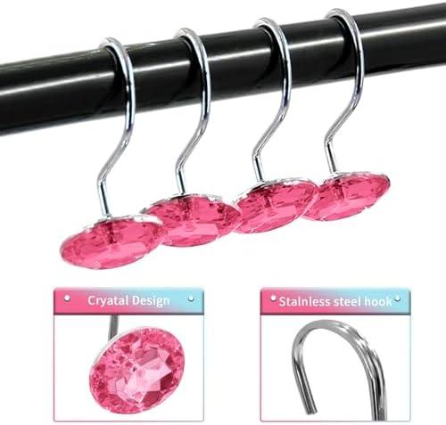 Crystal Diamond Round Shower Curtain Hooks Rings for Bathroom,Pink,12PCS