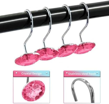 Crystal Diamond Round Shower Curtain Hooks Rings for Bathroom,Pink,12PCS