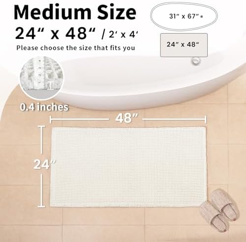 White Bathroom Rugs, Waffle Bath Mat Non Slip Washable, 24" x 48"