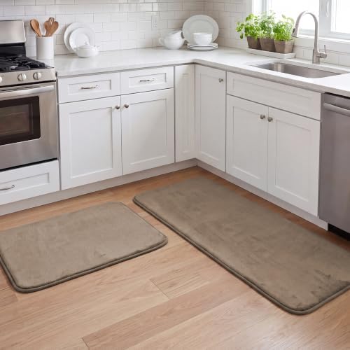 H.VERSAILTEX Kitchen Mat 2 PCS Non Slip Memory Foam Flannel Velvety Kitchen Runner Rug Set for Floor Standing Rugs(47" x 17" + 24" x 17", Taupe)