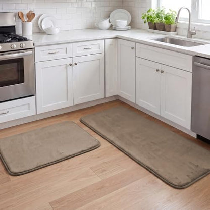 H.VERSAILTEX Kitchen Mat 2 PCS Non Slip Memory Foam Flannel Velvety Kitchen Runner Rug Set for Floor Standing Rugs(47" x 17" + 24" x 17", Taupe)