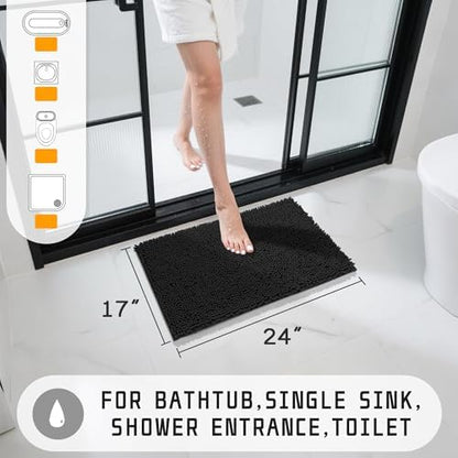 Yimobra Washable Bathroom Rugs, Super Soft & Absorbent Chenille Bath Mat for Floor & Carpet, Quick Dry Non Slip Bath Mat for Tub Shower, 24" x 17",Black
