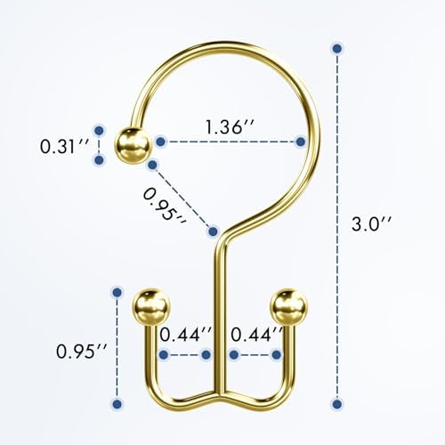 Bathway Shower Curtain Hooks Gold Shower Curtain Rings, 12 Pcs Double Hook Shower Curtain Hooks Rings Shower Curtain Hangers Rust Proof, Metal Shower Hooks for Bathroom Shower Curtain Rod