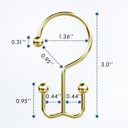 Bathway Shower Curtain Hooks Gold Shower Curtain Rings, 12 Pcs Double Hook Shower Curtain Hooks Rings Shower Curtain Hangers Rust Proof, Metal Shower Hooks for Bathroom Shower Curtain Rod