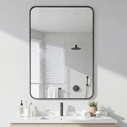 Antok 24x36 Black Metal Framed Bathroom Mirror, Wall Mirror with Round Corners, Vanity Mirror for Over Sink, Anti-Rust Tempered Glass, Horizontal/Vertical Hanging for Bathroom, Living Room, Entryway