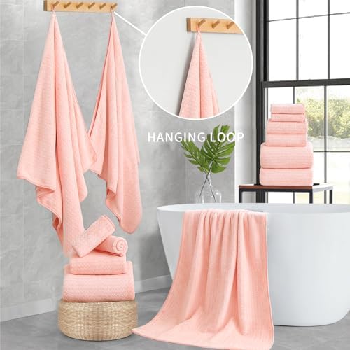 Ultra Soft Bath Towel Set,12 Piece (4 Bath Towels,4 Hand Towels,4 Washcloths) Family Bathroom Towel Set with Hanging Loops,Quick Dry Extra Absorbent Fluffy Shower Towel for Bathroom,Hotel,Spa-Pink