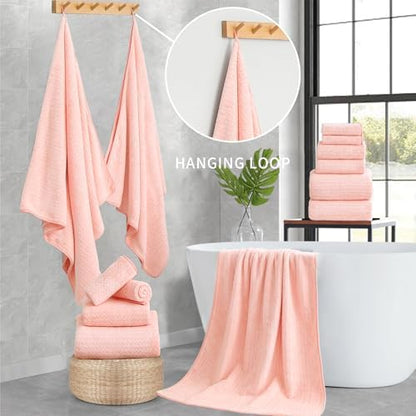 Ultra Soft Bath Towel Set,12 Piece (4 Bath Towels,4 Hand Towels,4 Washcloths) Family Bathroom Towel Set with Hanging Loops,Quick Dry Extra Absorbent Fluffy Shower Towel for Bathroom,Hotel,Spa-Pink