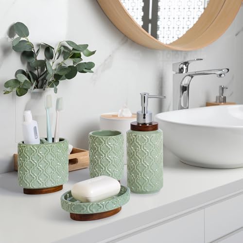 RQYIXI Ceramic Bathroom Accessories Set,Sage Green,4 Piece,Embossed Design