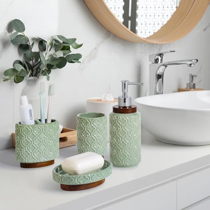RQYIXI Ceramic Bathroom Accessories Set,Sage Green,4 Piece,Embossed Design