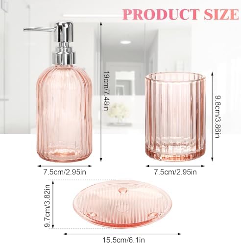Glass Bathroom Accessories Set, 4Pcs Bathroom Accessories Sets Complete Lotion Soap Dispenser, Toothbrush Holder, Mouthwash Cup, Soap Dish for Bath Decor, Countertop Vanity Organizer (Pink)