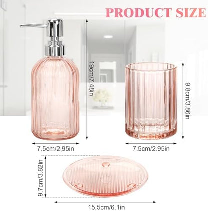 Glass Bathroom Accessories Set, 4Pcs Bathroom Accessories Sets Complete Lotion Soap Dispenser, Toothbrush Holder, Mouthwash Cup, Soap Dish for Bath Decor, Countertop Vanity Organizer (Pink)