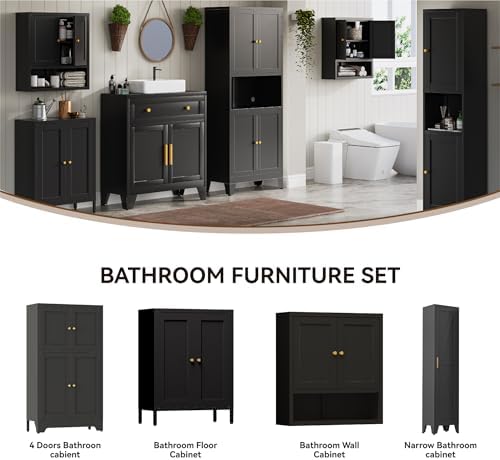 YAUWOH Bathroom Floor Cabinet, Metal Storage Cabinet with 2 Adjustable Shelves & 4 Doors,Freestanding Sideboard for Dining Room,Living Room, Home Office(1PC,Black)