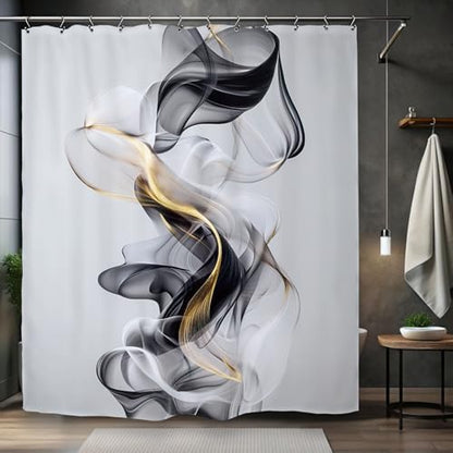 Abstract Modern Minimalist Shower Curtain 60Wx72L Inch Black Gold Gray Neutral Contemporary Art Aesthetic Bathroom Set Accessories Decor with 12 Pack Hooks