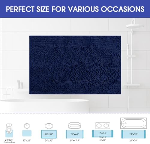 ACCUMTEK Striped Navy Blue Bathroom Rug Mat 32"x20" Ultra Soft, Non Slip Chenille Bath Rugs, Absorbent Plush Shaggy Bath Mats for Bathroom, Bedroom, Kitchen, Shower, Tub