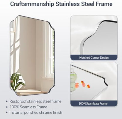 MIRRORART 24x36'' Chrome Bathroom Mirrors for Wall | Scalloped Wall Mirror