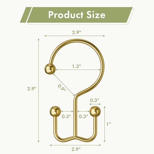 Amazer Gold Shower Curtain Hooks, 12PCS Minimalist Simple Double Shower Curtain Rings, Rust-Resistant Metal Shower Hooks Shower Curtain Hangers, Shower Rings for Bathroom Shower Rods Curtains