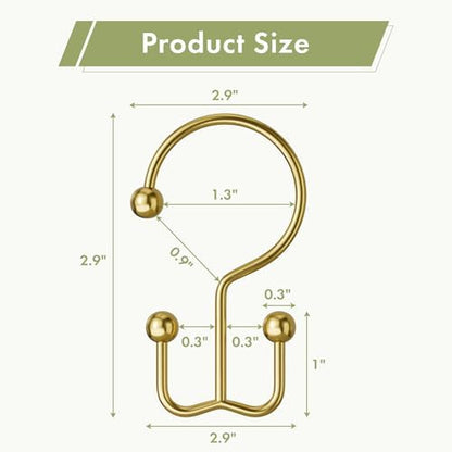 Amazer Gold Shower Curtain Hooks, 12PCS Minimalist Simple Double Shower Curtain Rings, Rust-Resistant Metal Shower Hooks Shower Curtain Hangers, Shower Rings for Bathroom Shower Rods Curtains