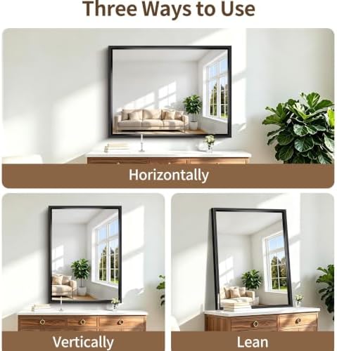 Black Rectangle Mirror, 48 x 36 Inch Large Bathroom Mirrors for Over Sink, 0.6" Thickened Deep Frame Rectangular Wall Mirror, Brushed, Tempered Glass, Antirust, Horizontally/Vertically