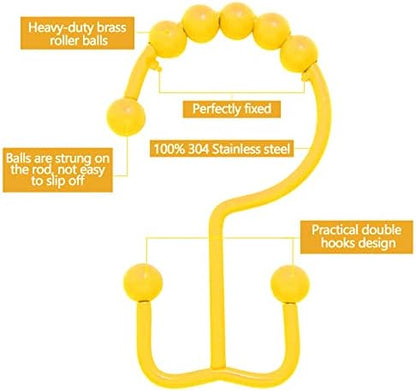 Shower Curtain Hooks,304 Stainless Steel Shower Rings for Bathroom,Double Glide Shower Hooks for Bathroom Shower Curtain Rods Curtains,Set of 12 Hooks,Yellow（Shower Curtain Hooks Style A ）