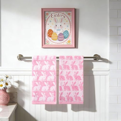 Whaline Easter Bunny Hand Towels Jacquard Cotton Bathroom Towel Pink White Rabbit Absorbent Bath Towel for Kitchen Dish Drying Cleaning Cooking, 29.5 x 13.4 Inch, 2Pcs