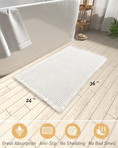 AMOAMI Upgraded Waffle Bath Mat, Super Absorbent Non Slip Bath Mats for Bathroom Floor, Machine Washable Bathroom Rugs with Tassels, Rubber Backed Bathroom Mats, Ultra Soft, 24" x 36", White