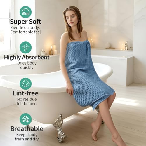 Microfiber Waffle Bath Towels, 4 Pieces, Soft, Absorbent, Fast Drying, Lint Free 430 GSM (27''x55''/68.58 cm x139.7 cm) (Beige+Blue)