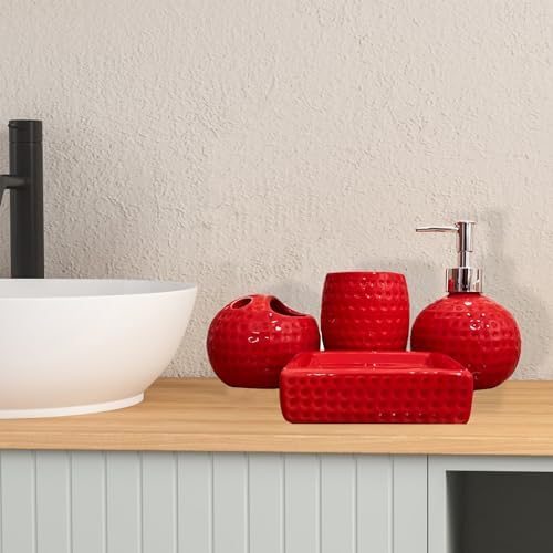 Bathroom Accessories Set,4 Pcs Red Ceramic Bathroom Accessory Set Complete with Toothbrush Holder,Tumbler,Lotion Dispenser, Soap Dish Perfect for Bathroom Theme Gift