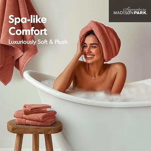 Madison Park 800GSM 100% Cotton Bathroom Bath Towel Set of 8, Coral