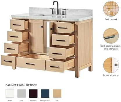 ARIEL Cambridge 48-inch Bathroom Vanity with Sink,Solid Wood, 1.5-inch Italian Carrara Marble Countertop, Single Rectangular Porcelain Sink, 2 Soft Closing Doors, 9 Dovetail Drawers, White Oak