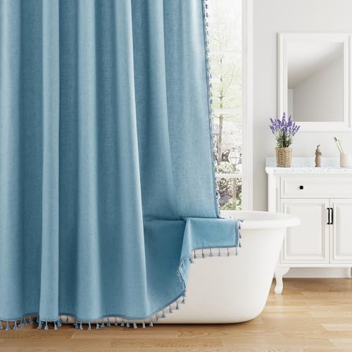 Nanspring Extra Long Blue Boho Linen Shower Curtain 84 Inch Weighted Tassel Cloth Textured Chic Bohemian Shower Curtain Set with Hooks Modern Vintage Country Aesthetic Decor for Bathroom 72x84