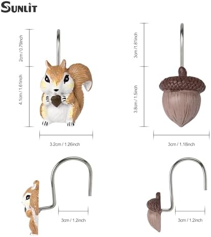 Sunlit Fall Autumn Decorative Shower Curtain Hooks, Chipmunk Acorn Shower Curtain Rings, Resin, Brown Cute Bathroom Curtain Hangers Decoration, Set of 12