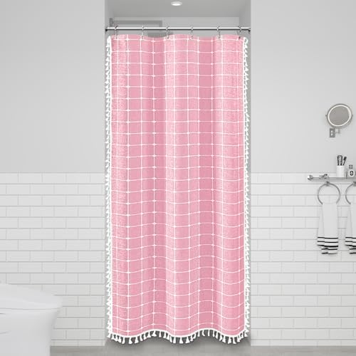 BTTN Stall Boho Farmhouse Linen Heavy Duty Shower Curtain Set, 36x72, Pink