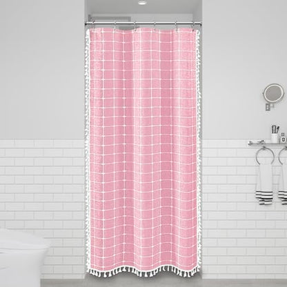 BTTN Stall Boho Farmhouse Linen Heavy Duty Shower Curtain Set, 36x72, Pink