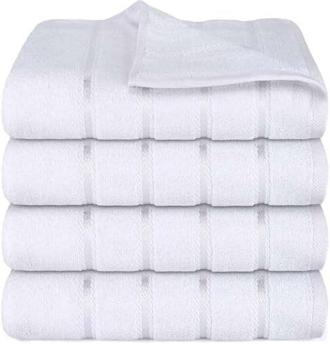 Luxury Bath Towels Set of 4, 27x54 Inches 600GSM 100% Cotton Ring Spun – Hotel Quality, Highly Absorbent - Viscose Stripe Bath Towel Sets (White)