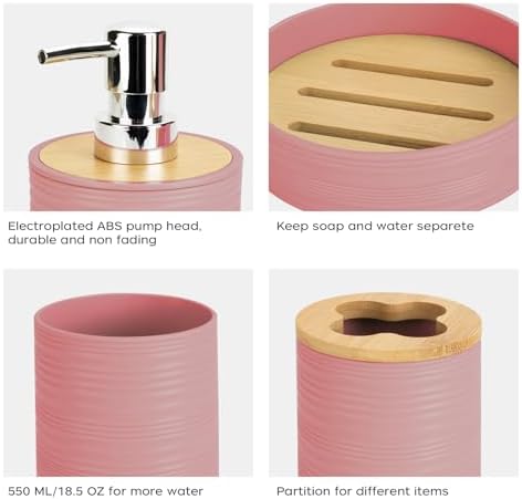 4PCS Light Pink Bathroom Set, Soap Dispenser, Dish & Bamboo Holder, Rustic