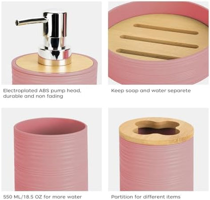 4PCS Light Pink Bathroom Set, Soap Dispenser, Dish & Bamboo Holder, Rustic