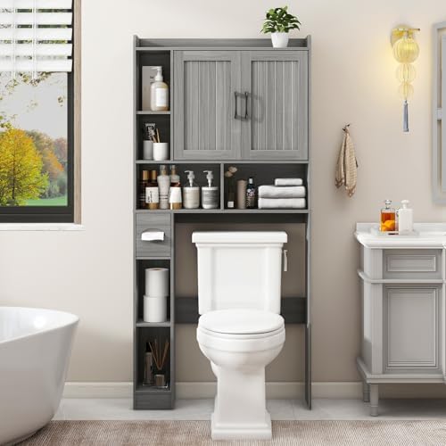 Vabches Farmhouse Over The Toilet Storage Cabinet with Barn Door, Wash Grey