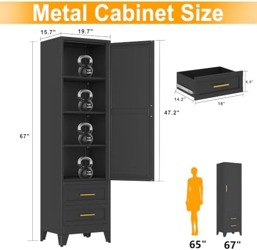 Ckzbx Tall Narrow Storage Cabinet, 66.93" H Tall Bathroom Cabinet Metal Pantry Cabinets with Drawers, 3 Adjustable Shelves, for Kitchen, Bathroom, Home Office, Living Room